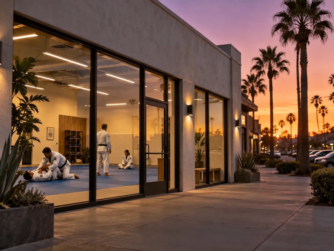 A martial-arts academy storefront at dusk, its glass front glowing with students training inside, palm trees along the street.