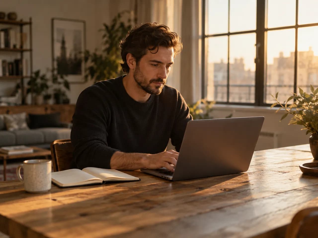 A man works on a laptop at a long wooden table in warm late-afternoon light.