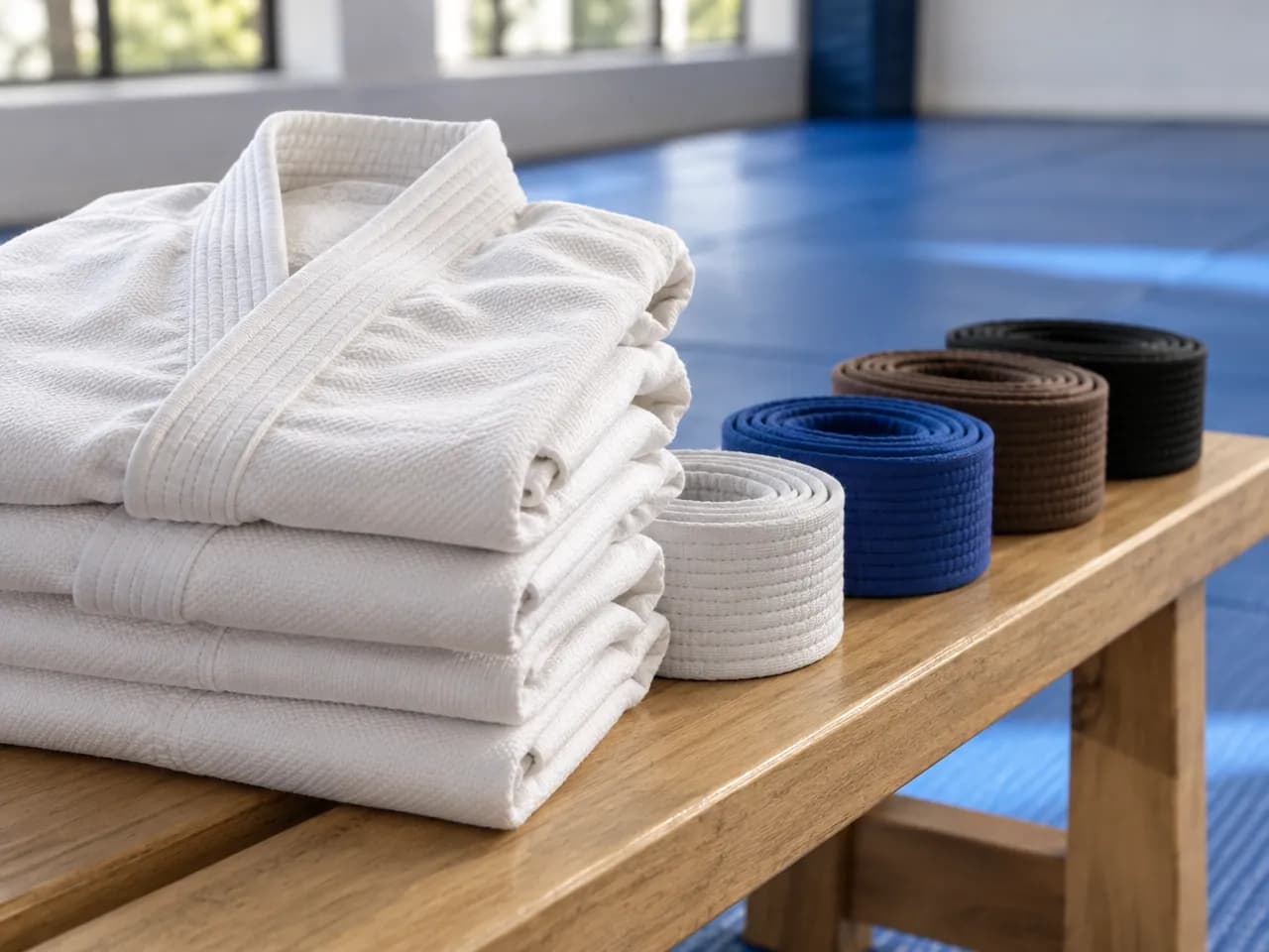 Folded white gis and rolled belts in white, blue, brown and black on a wooden bench beside blue mats.