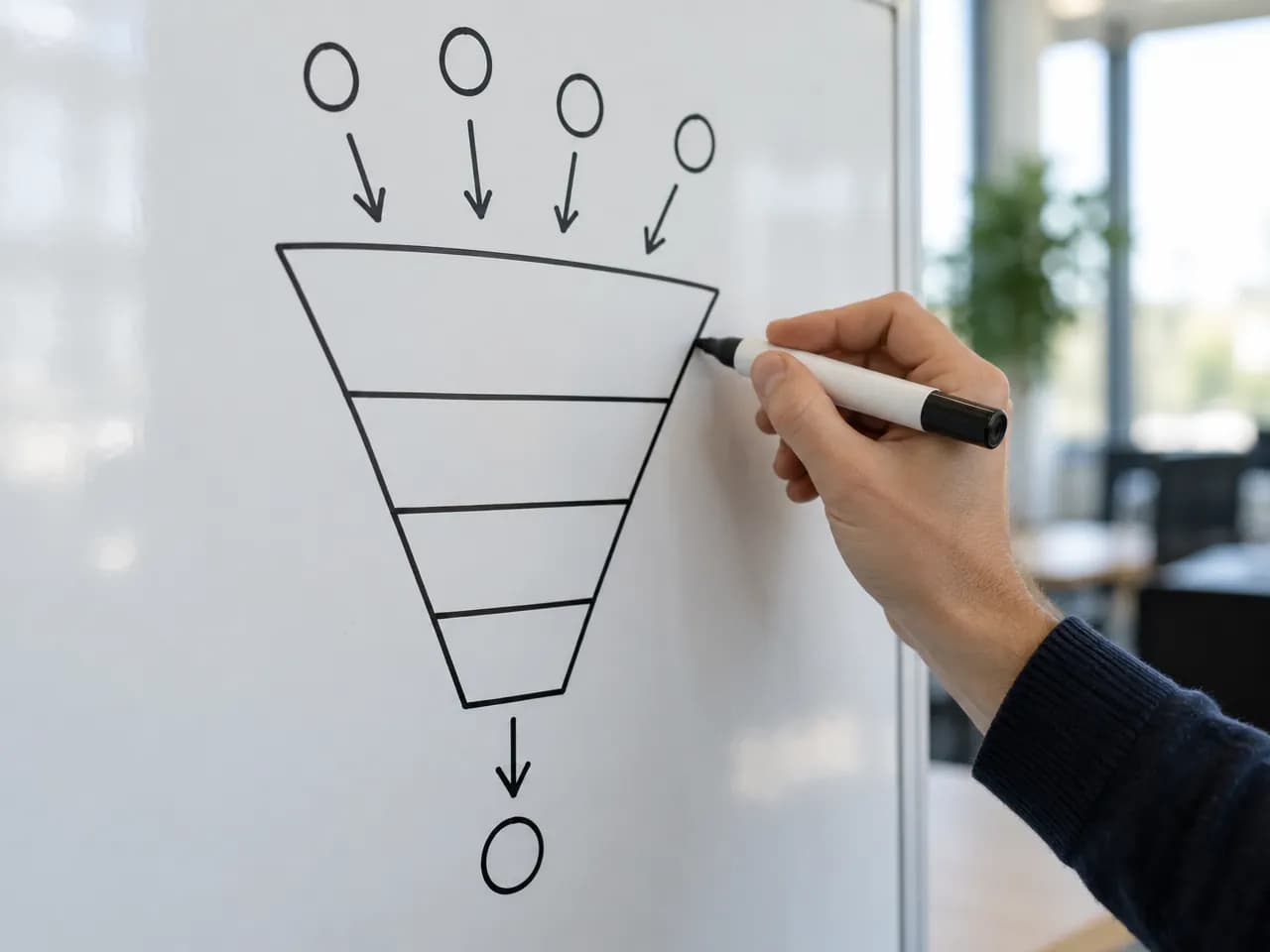 A hand draws a funnel diagram of shapes and arrows on a whiteboard.