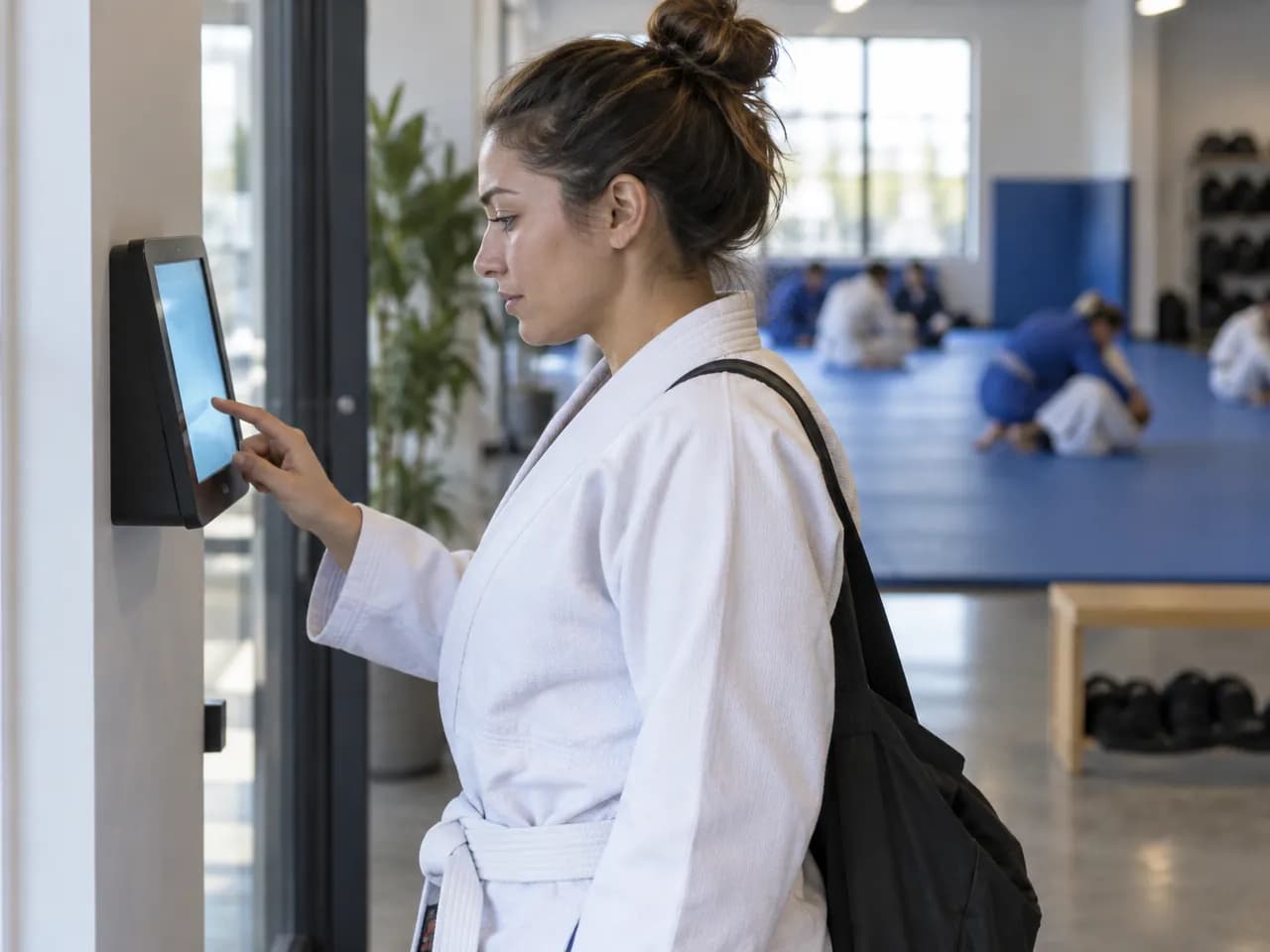 A member in a white gi checks in on a wall-mounted tablet at the academy entrance.