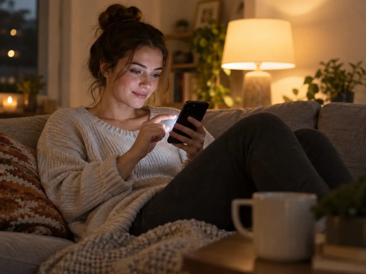 A young woman relaxes on a sofa in the evening, tapping on her phone.