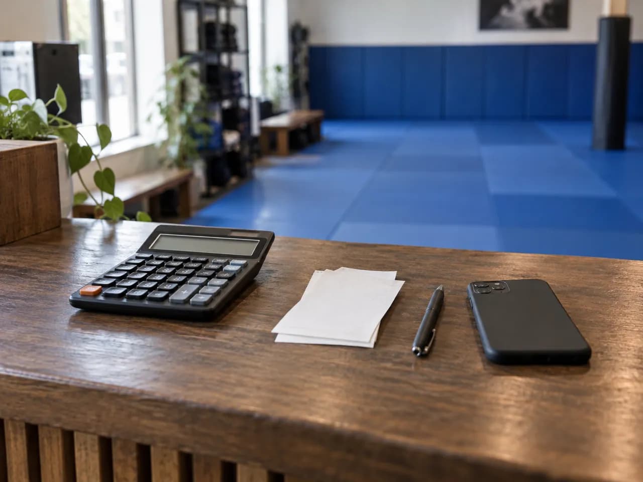 A calculator, blank receipts, a pen and a phone lying face down on a gym front counter, mats behind.