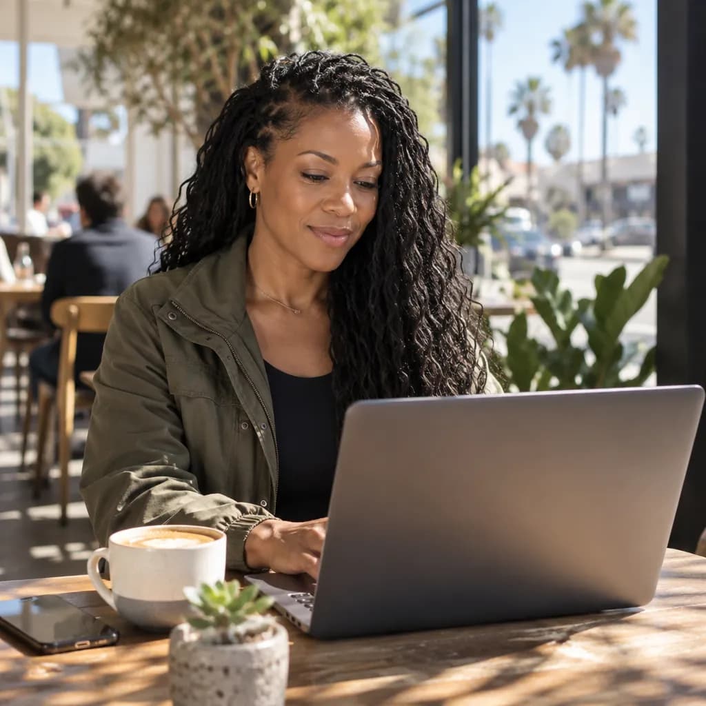 A business owner works on a laptop at a sunny coffee shop table, a coffee cup beside her.