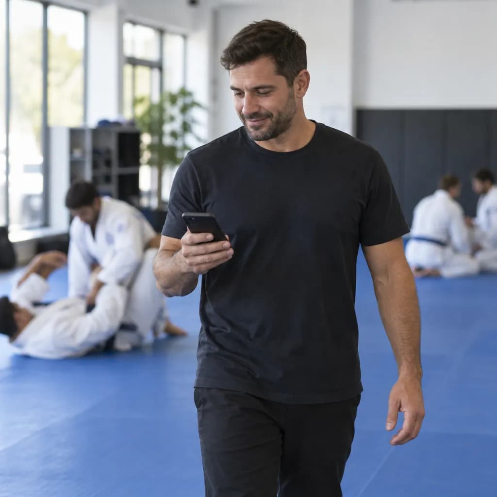 A gym manager walks across the academy floor glancing at his phone, students training on the mats behind him.